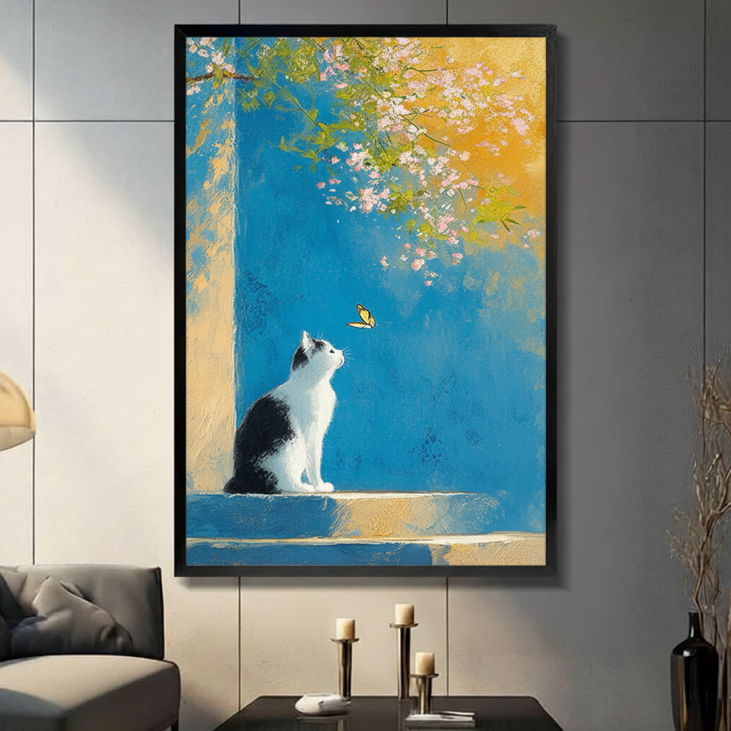 Cat & Butterfly Impressionist Canvas Wall Art