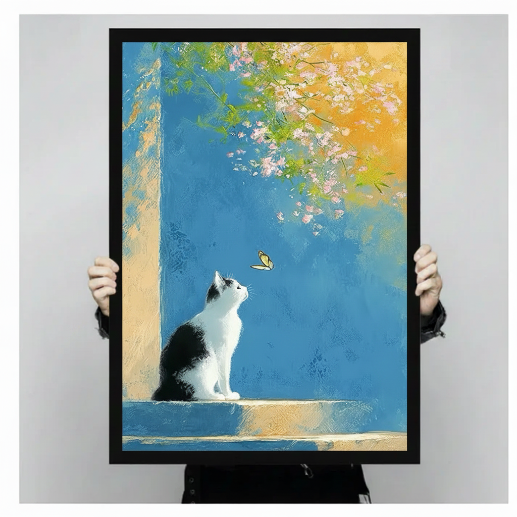 Cat & Butterfly Impressionist Canvas Wall Art