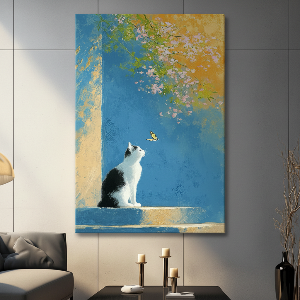 Cat & Butterfly Impressionist Canvas Wall Art