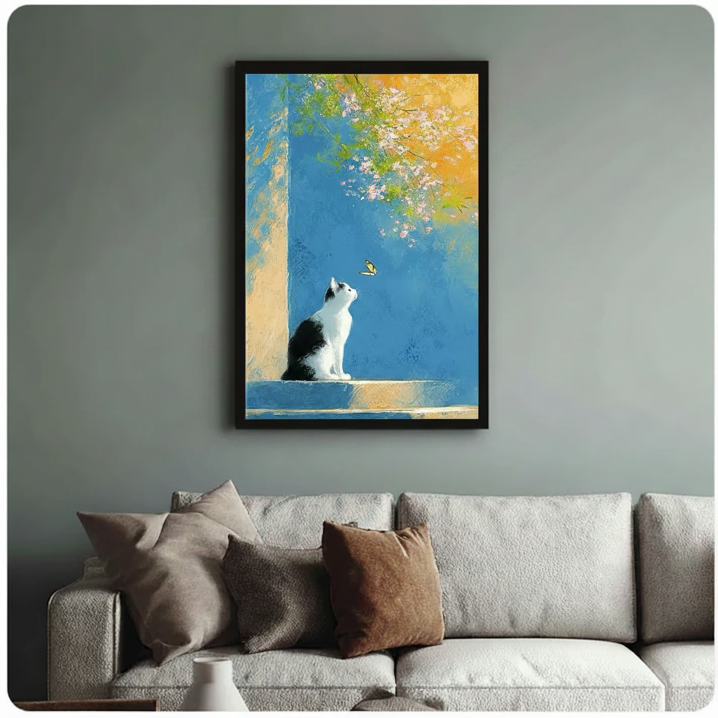 Cat & Butterfly Impressionist Canvas Wall Art
