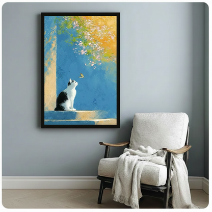 Cat & Butterfly Impressionist Canvas Wall Art