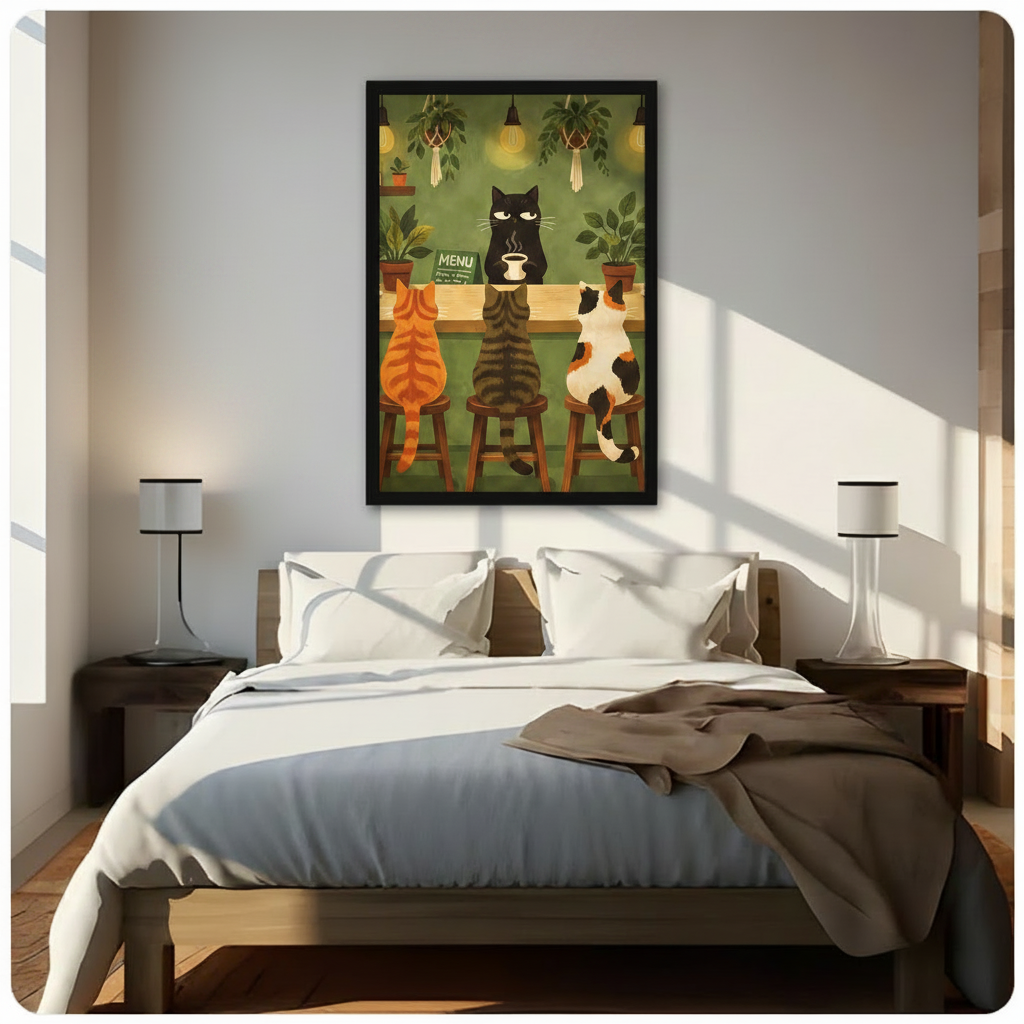 Cat Cafe Retro Illustration Canvas Art Wall Art