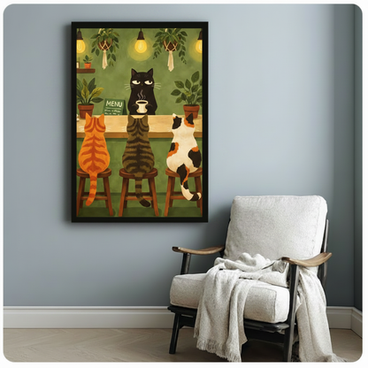 Cat Cafe Retro Illustration Canvas Art Wall Art