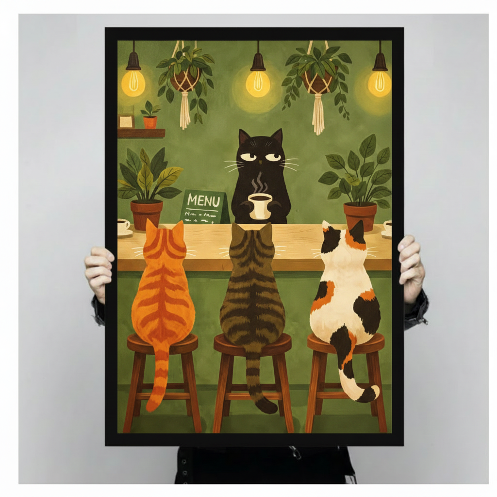 Cat Cafe Retro Illustration Canvas Art Wall Art