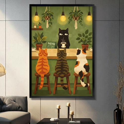 Cat Cafe Retro Illustration Canvas Art Wall Art