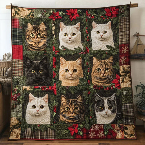 Cat Christmas Cabin Quilt Blanket