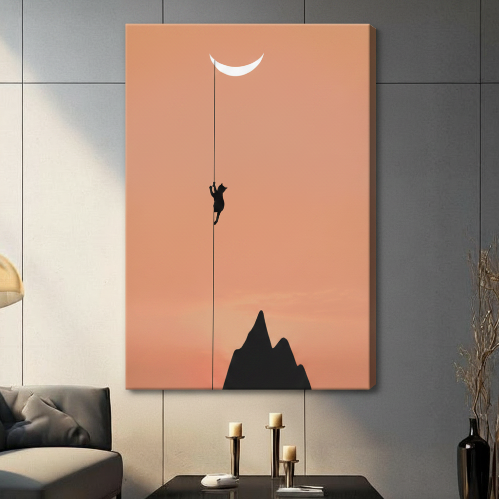 Cat Climbing Moon Minimalist Canvas Wall Art