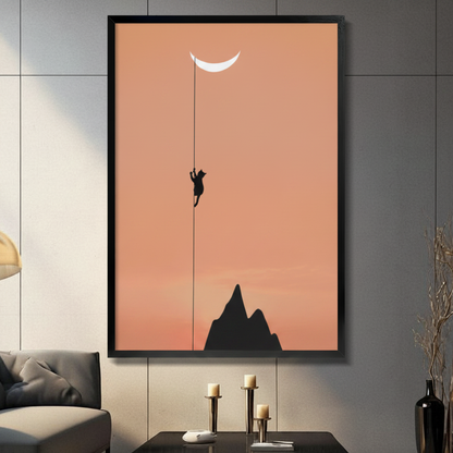 Cat Climbing Moon Minimalist Canvas Wall Art