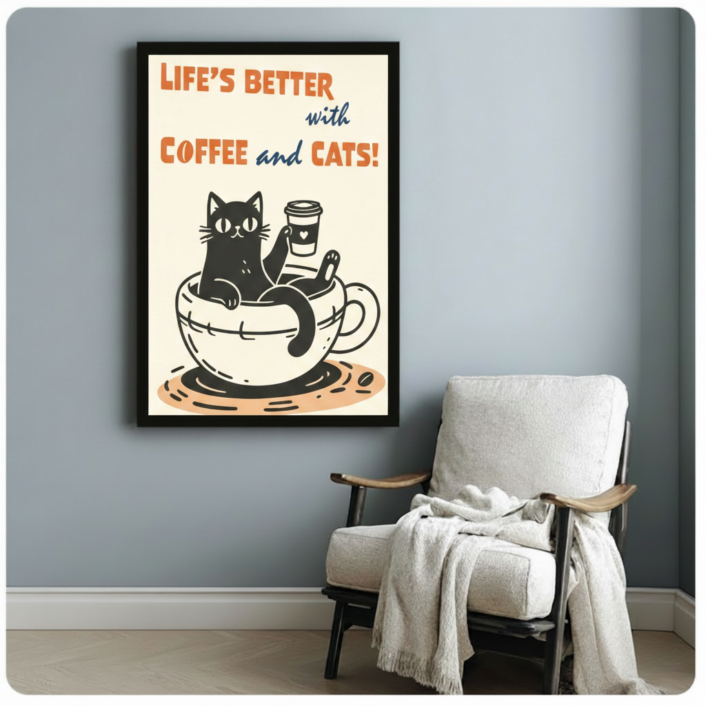 Coffee and Cats Retro Humor Canvas Wall Art