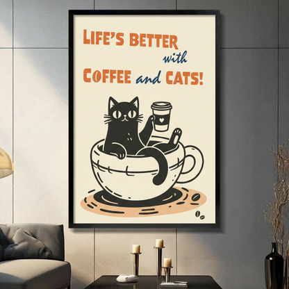 Coffee and Cats Retro Humor Canvas Wall Art