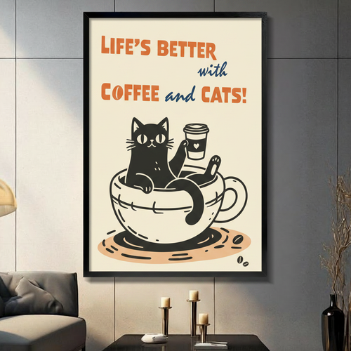 Coffee and Cats Retro Humor Canvas Wall Art