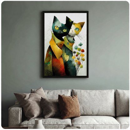 Abstract Cat Couple Floral Wall Art Canvas Print