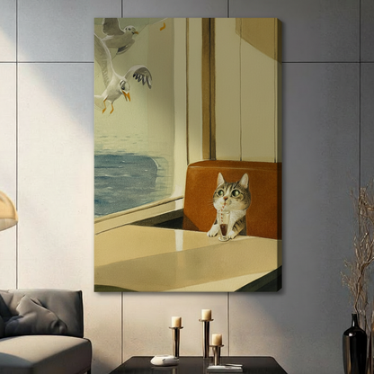 Retro Cat Diner Seagull Funny Canvas Art Wall Art