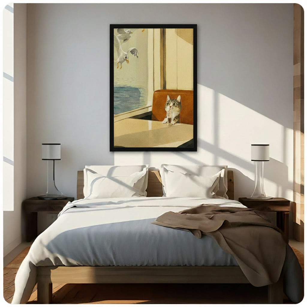 Retro Cat Diner Seagull Funny Canvas Art Wall Art