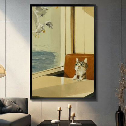 Retro Cat Diner Seagull Funny Canvas Art Wall Art
