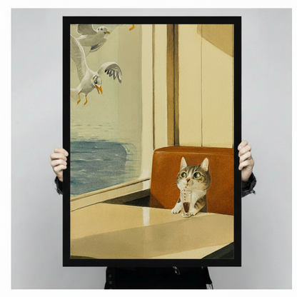 Retro Cat Diner Seagull Funny Canvas Art Wall Art