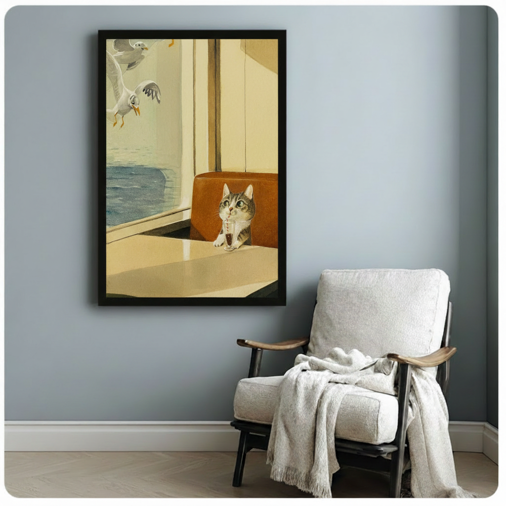 Retro Cat Diner Seagull Funny Canvas Art Wall Art