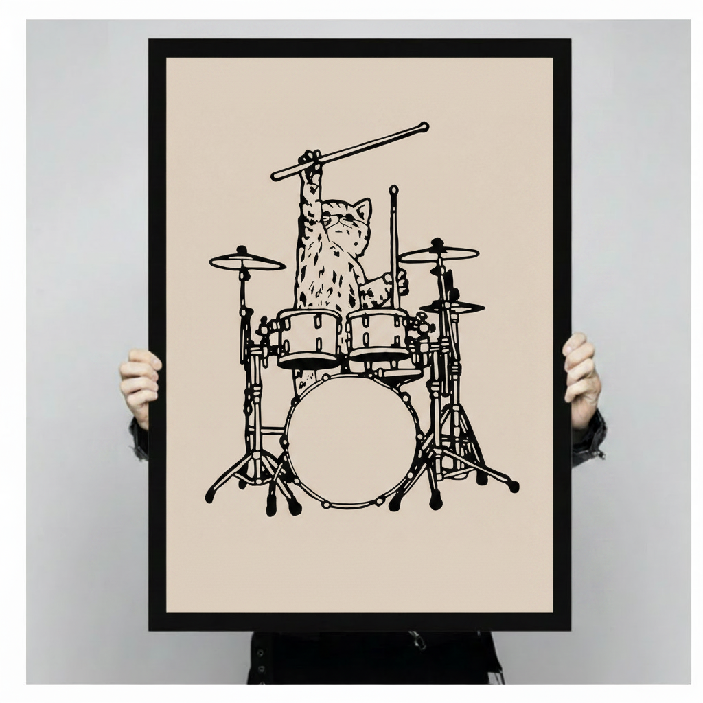 Drummer Cat Minimalist Line Art Canvas Print Wall Art