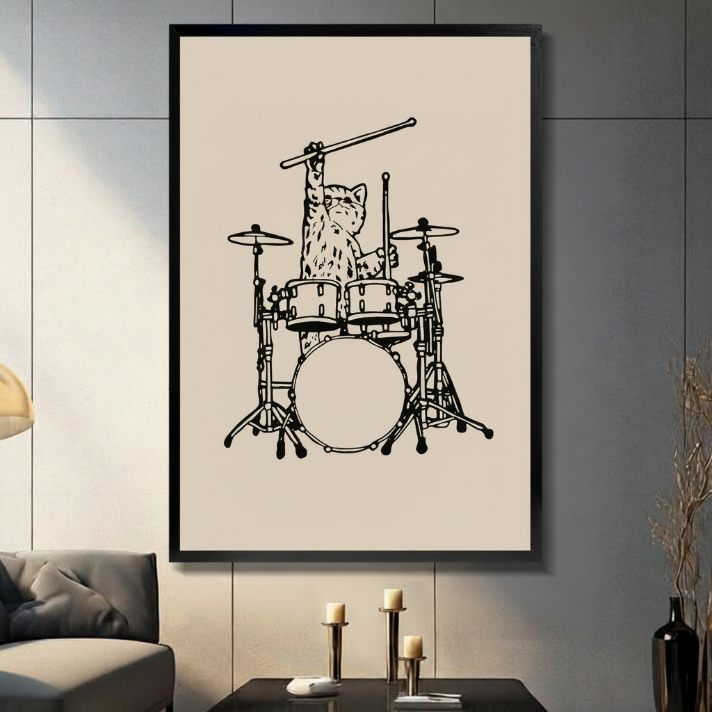 Drummer Cat Minimalist Line Art Canvas Print Wall Art