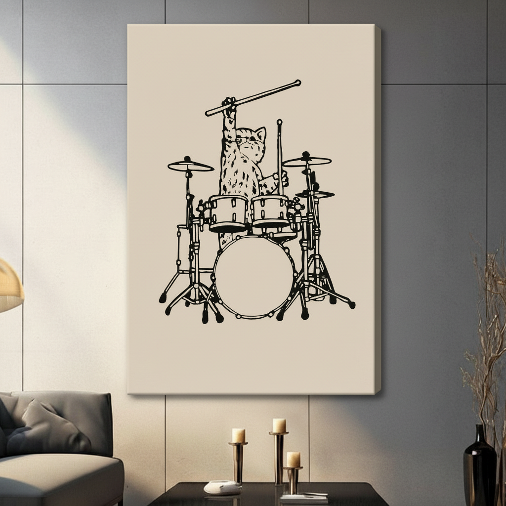 Drummer Cat Minimalist Line Art Canvas Print Wall Art