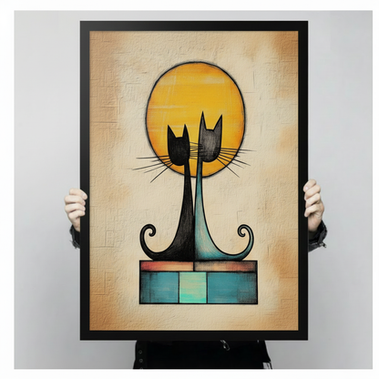 Two Cats Golden Moon Framed Canvas Art Wall Art