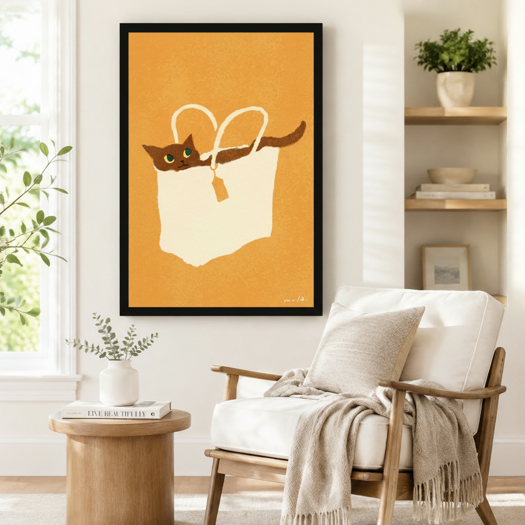 Boho Cat in Bag Canvas Wall Art