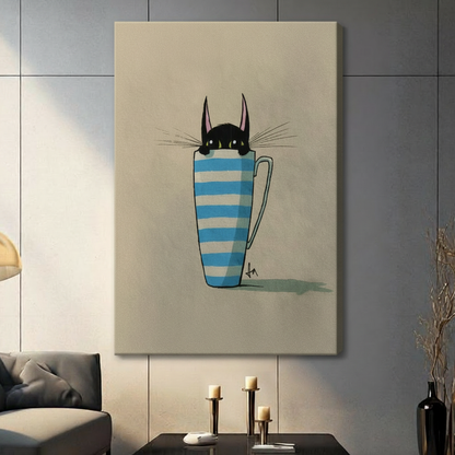 Black Cat in Striped Mug Canvas Print Wall Art