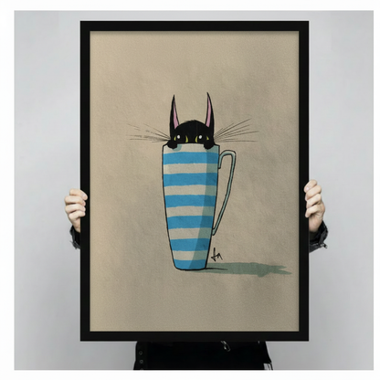 Black Cat in Striped Mug Canvas Print Wall Art
