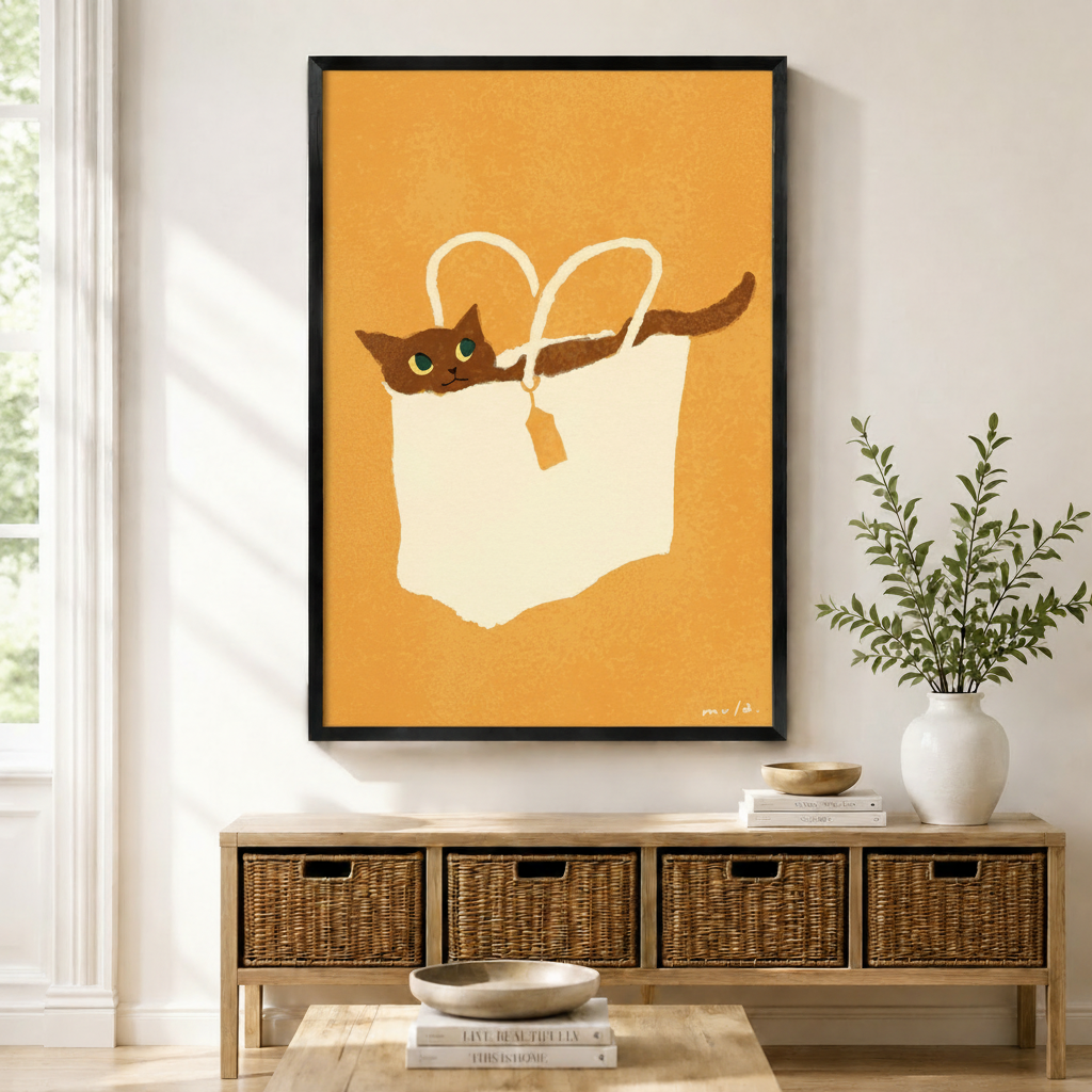 Boho Cat in Bag Canvas Wall Art