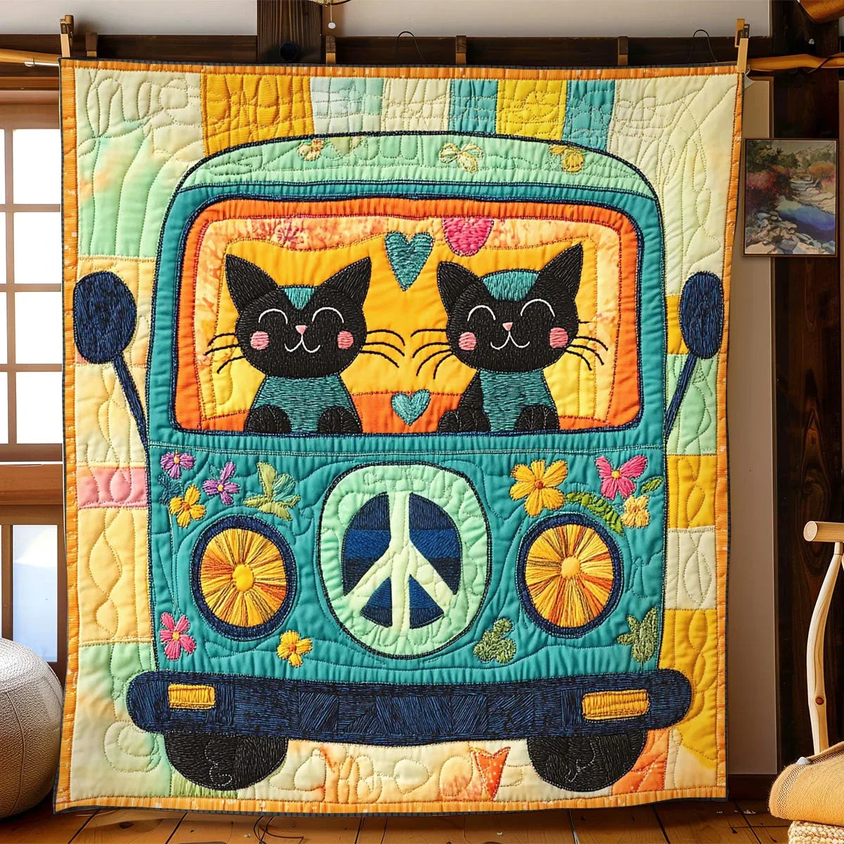 Cat Peace Car Quilt Blanket