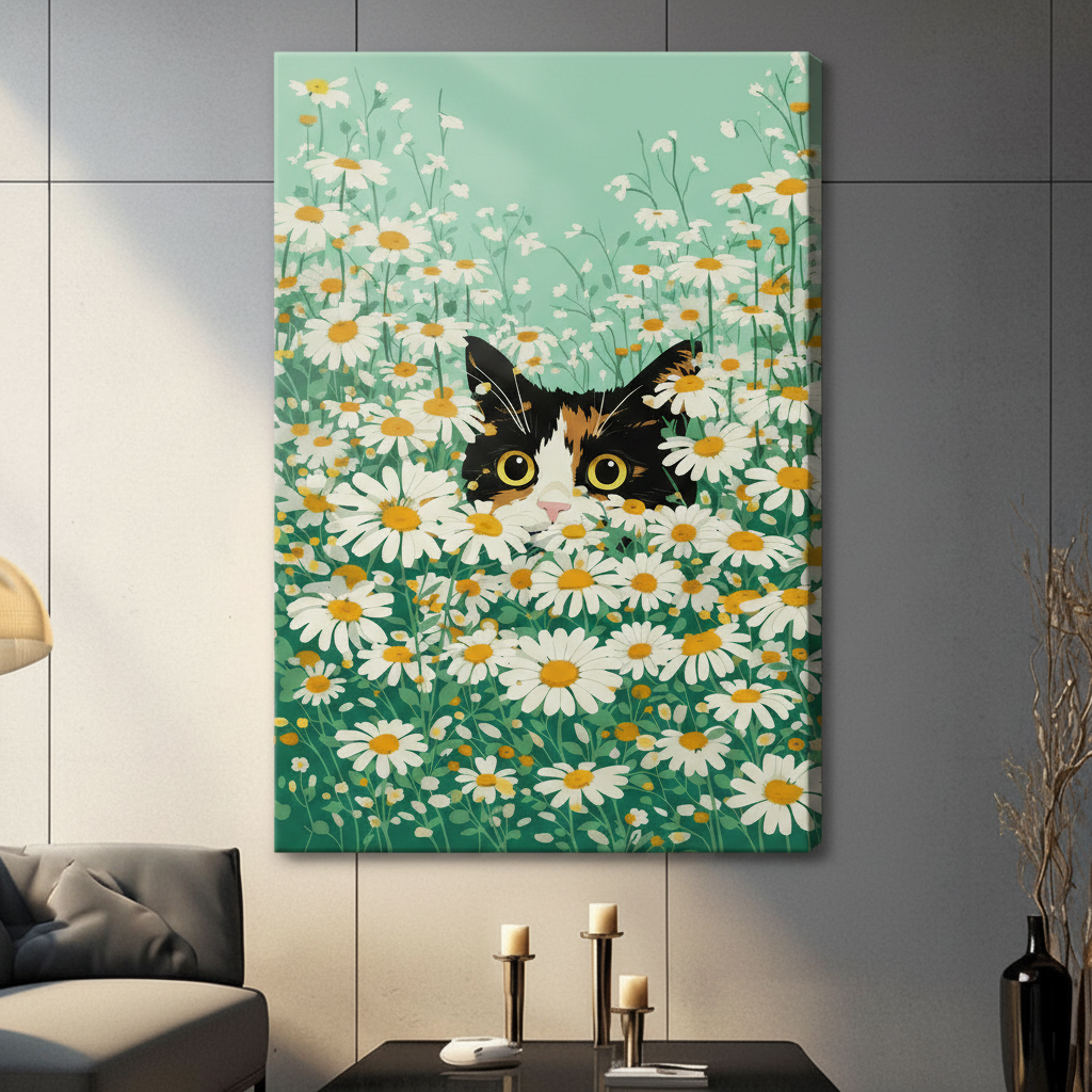 Peeking Cat Daisy Field Canvas Wall Art