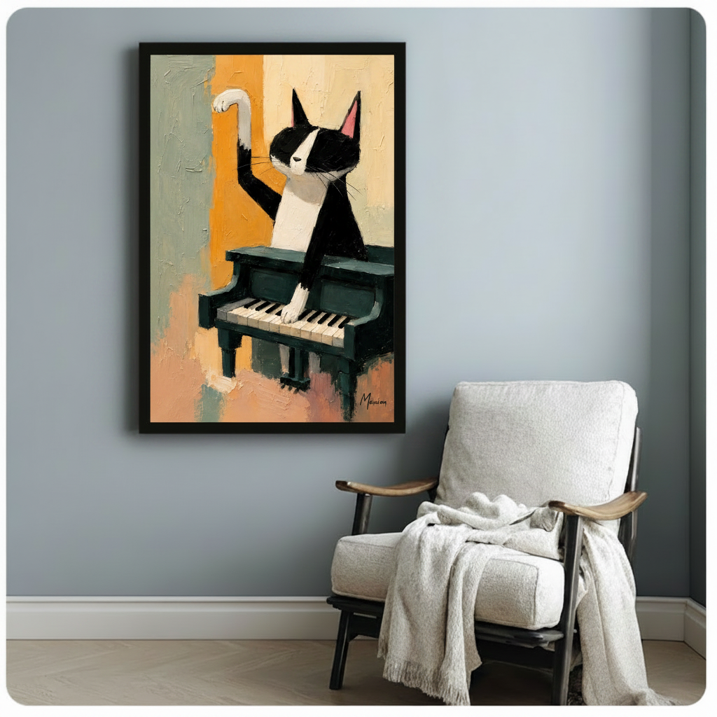 Tuxedo Cat Playing Piano Canvas Wall Art