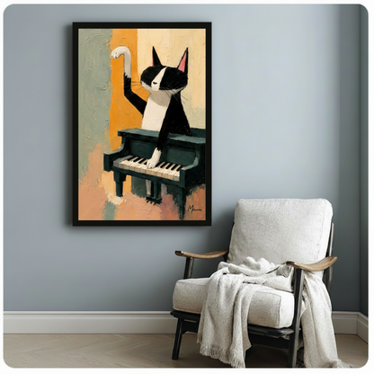 Tuxedo Cat Playing Piano Canvas Wall Art