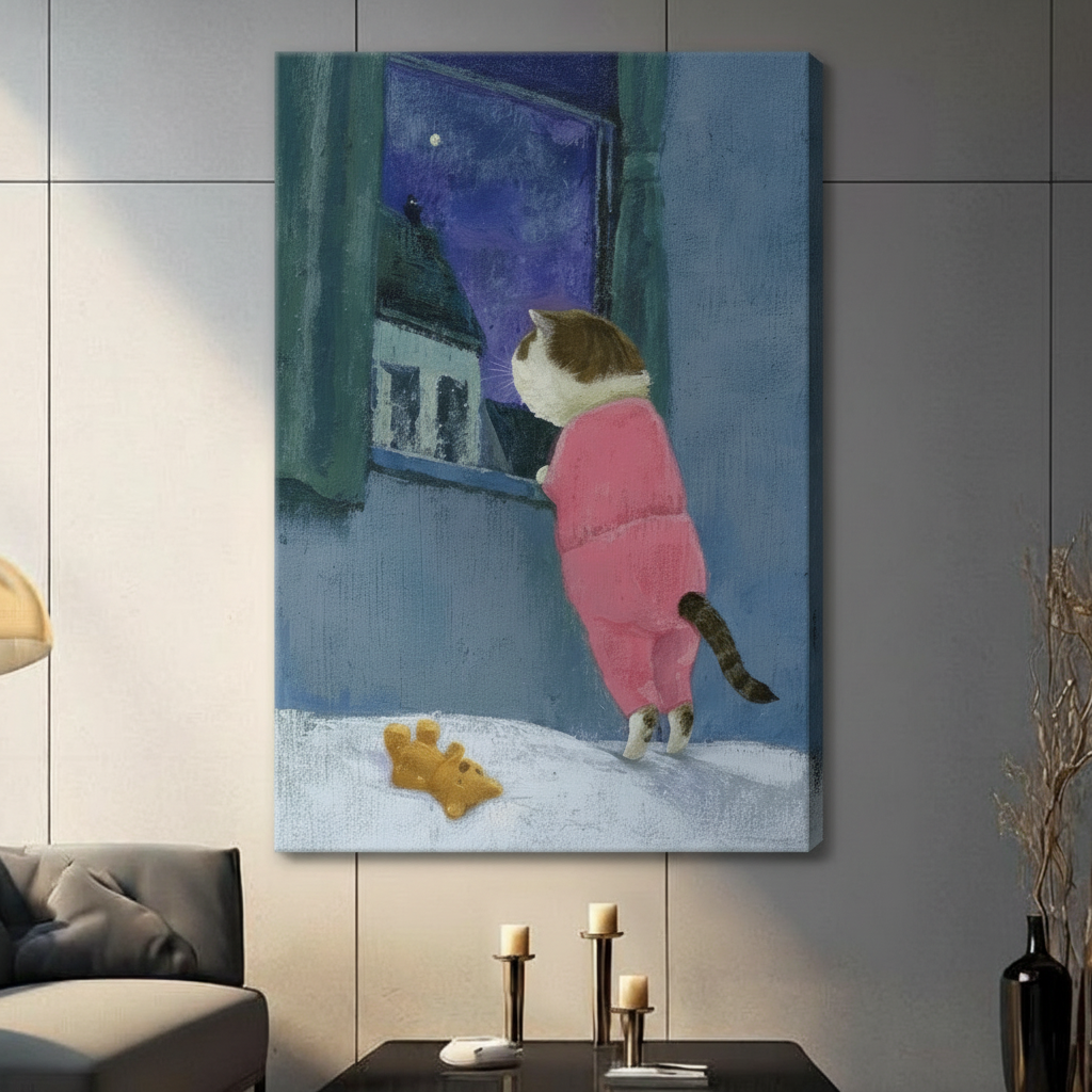 Cat Pajamas Night Window Canvas Wall Art