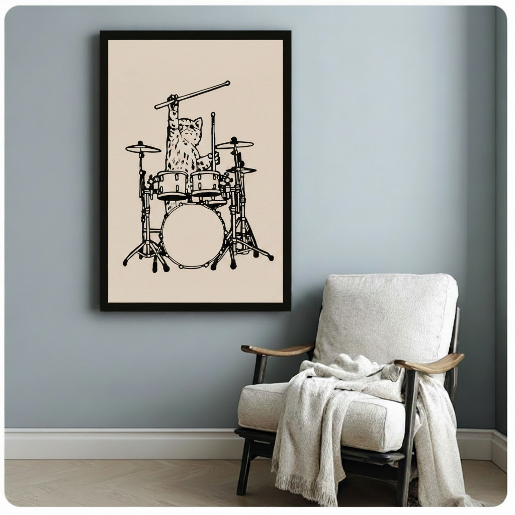 Drummer Cat Minimalist Line Art Canvas Print Wall Art