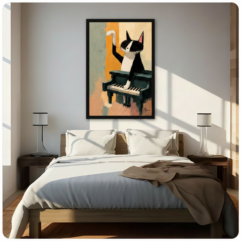 Tuxedo Cat Playing Piano Canvas Wall Art