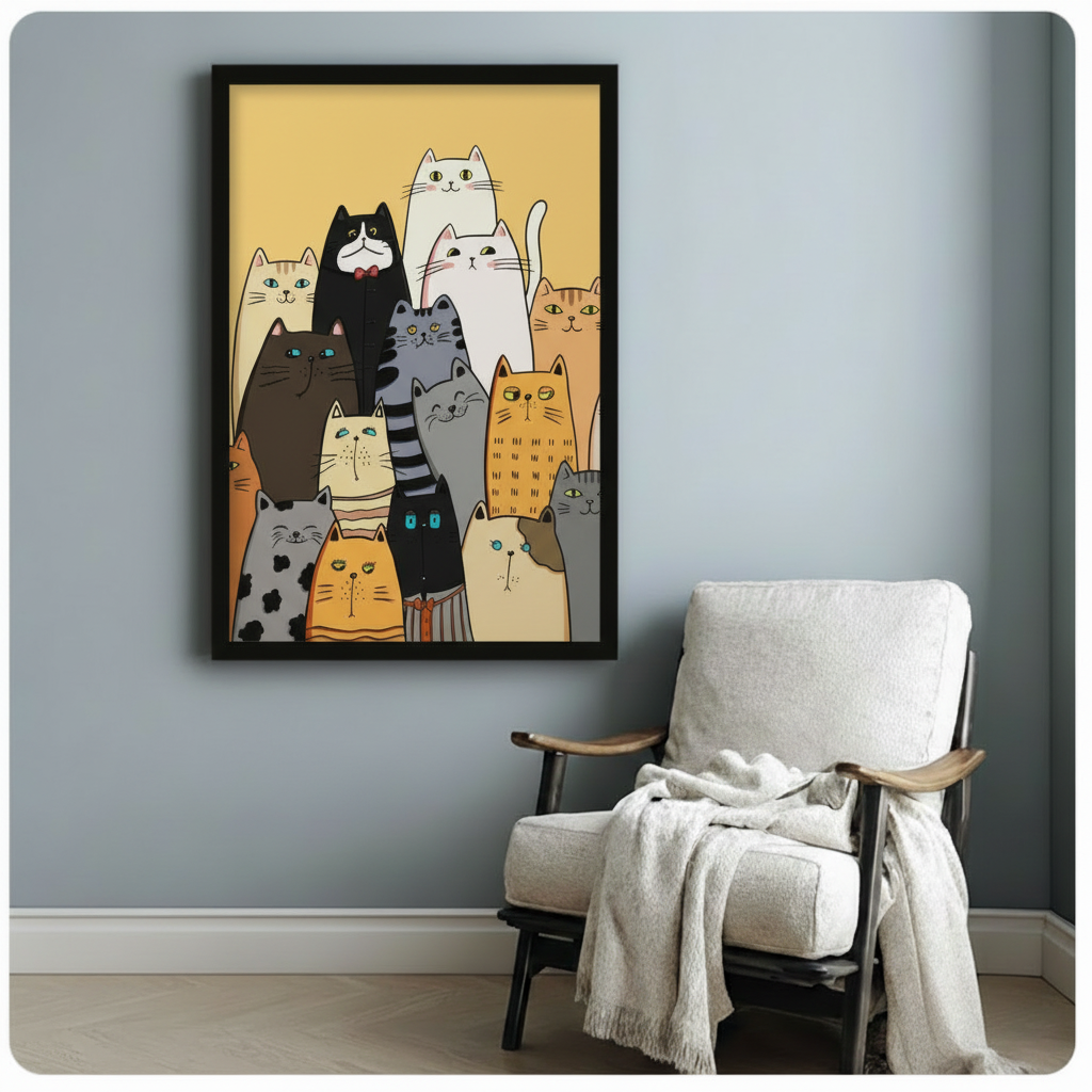 Whimsical Cat Crew Framed Canvas Art Print Wall Art