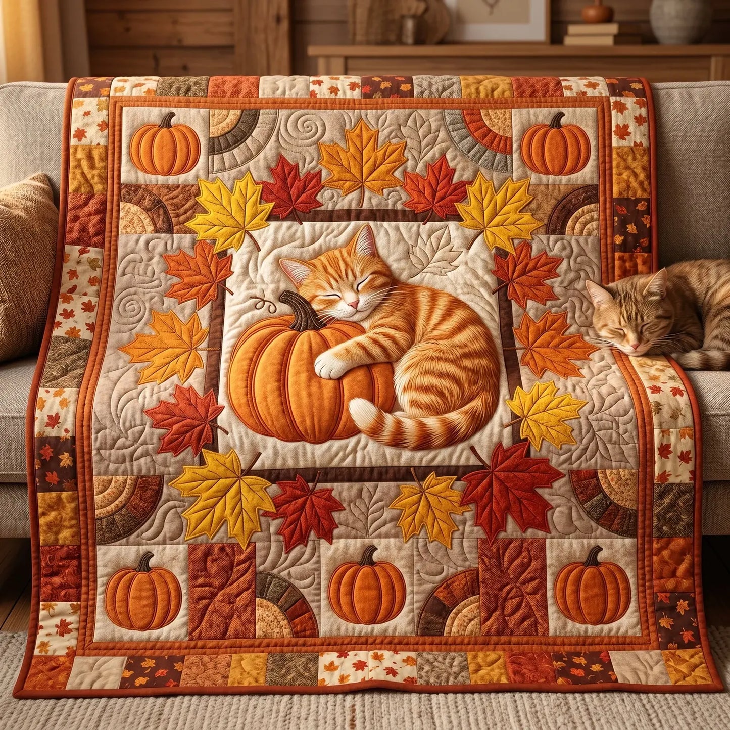 Cat Pumpkin Autumn Quilt Blanket