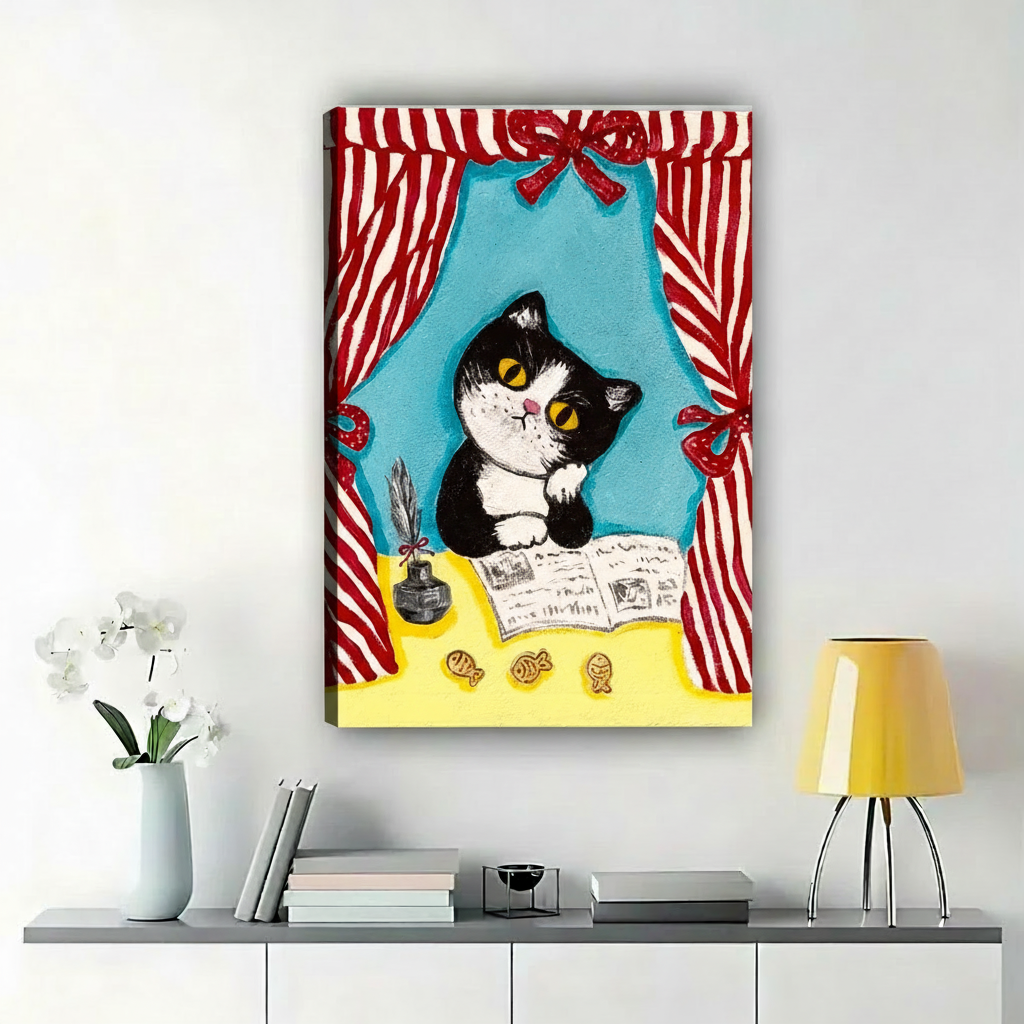 Cat Reading Book Canvas Wall Art Print