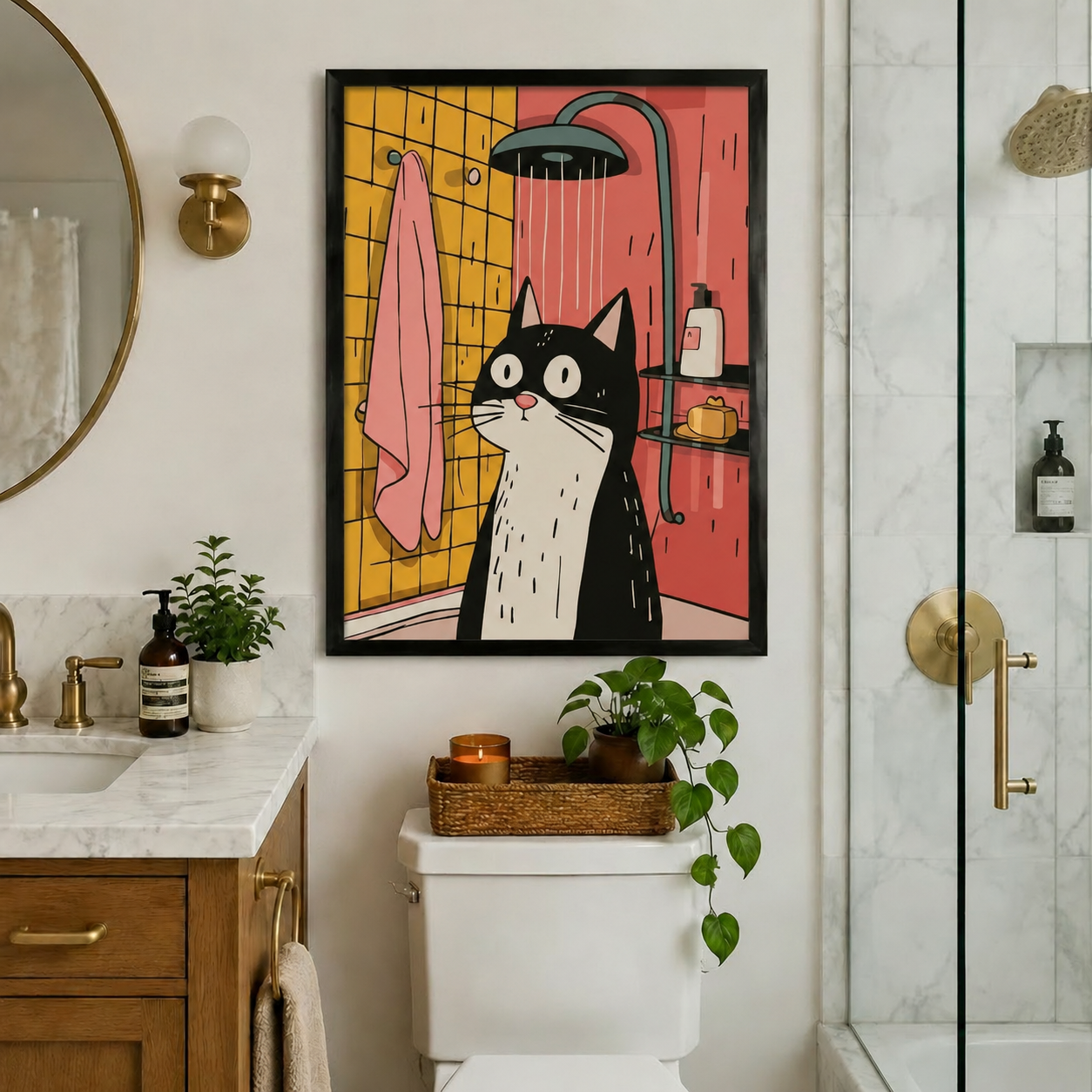 Pop Art Cat Shower Framed Canvas Wall Art