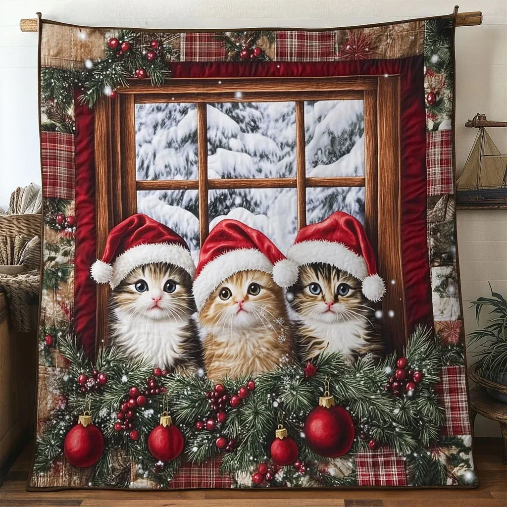 Cat Snowy Window Quilt Blanket