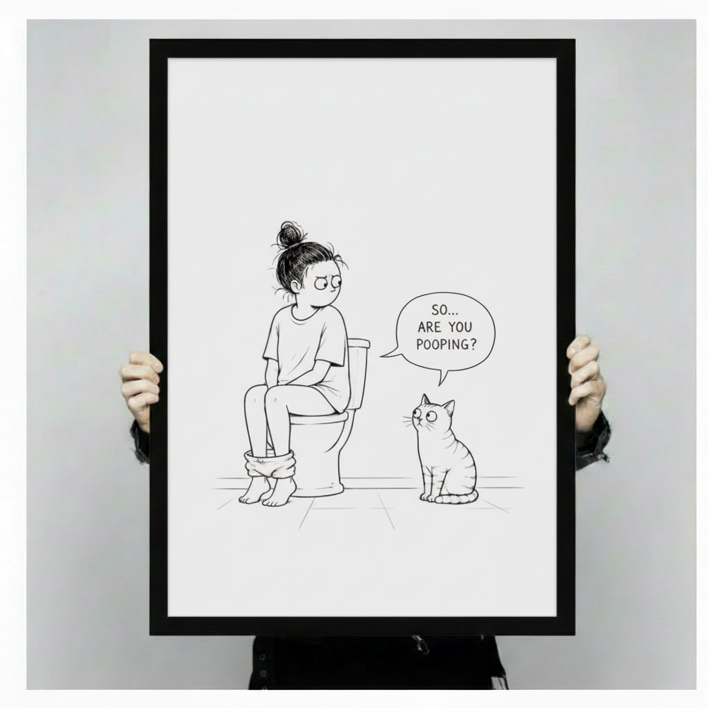 Funny Cat Bathroom Humor Framed Canvas Art Wall Art