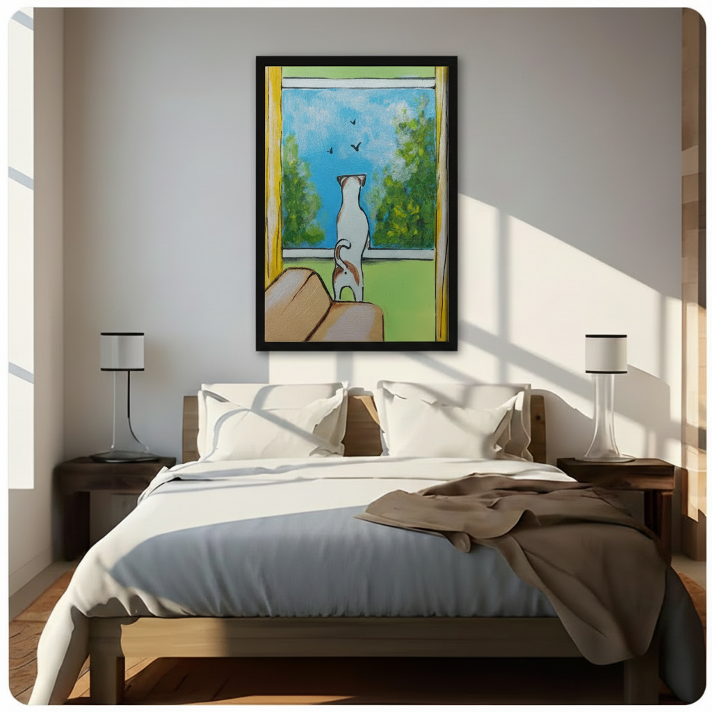 Cat Watching Birds Window Canvas Print Wall Art