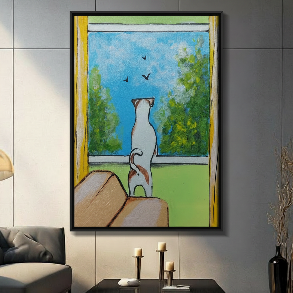 Cat Watching Birds Window Canvas Print Wall Art