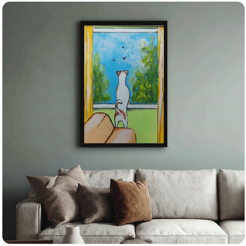 Cat Watching Birds Window Canvas Print Wall Art