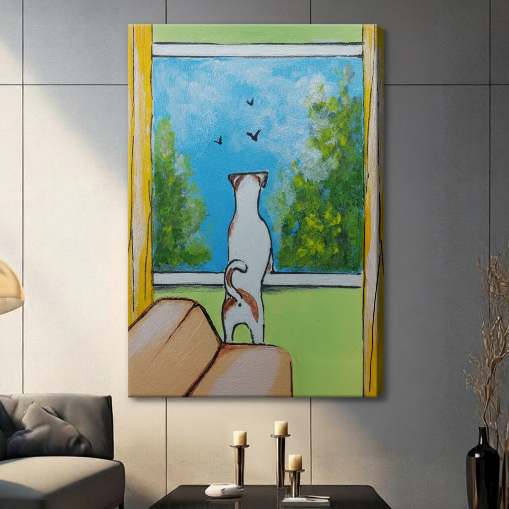 Cat Watching Birds Window Canvas Print Wall Art