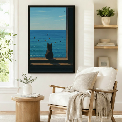 Minimalist Black Cat Ocean View Canvas Art Wall Art
