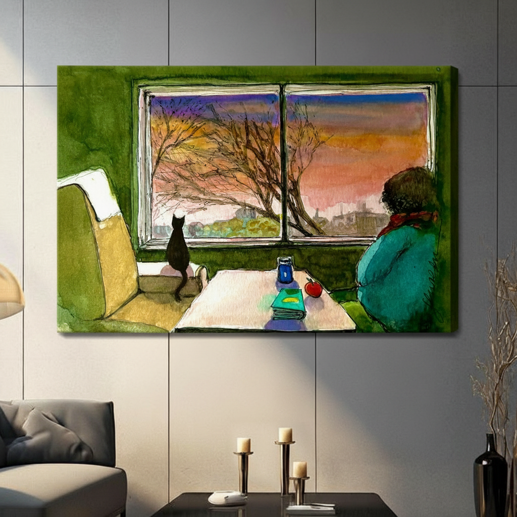 Cat Window Sunset Cozy Interior Watercolor Canvas Art