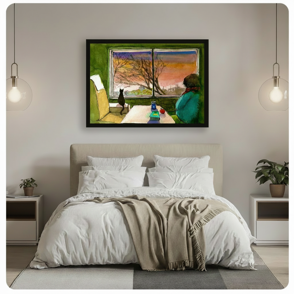 Cat Window Sunset Cozy Interior Watercolor Canvas Art