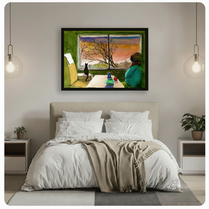 Cat Window Sunset Cozy Interior Watercolor Canvas Art